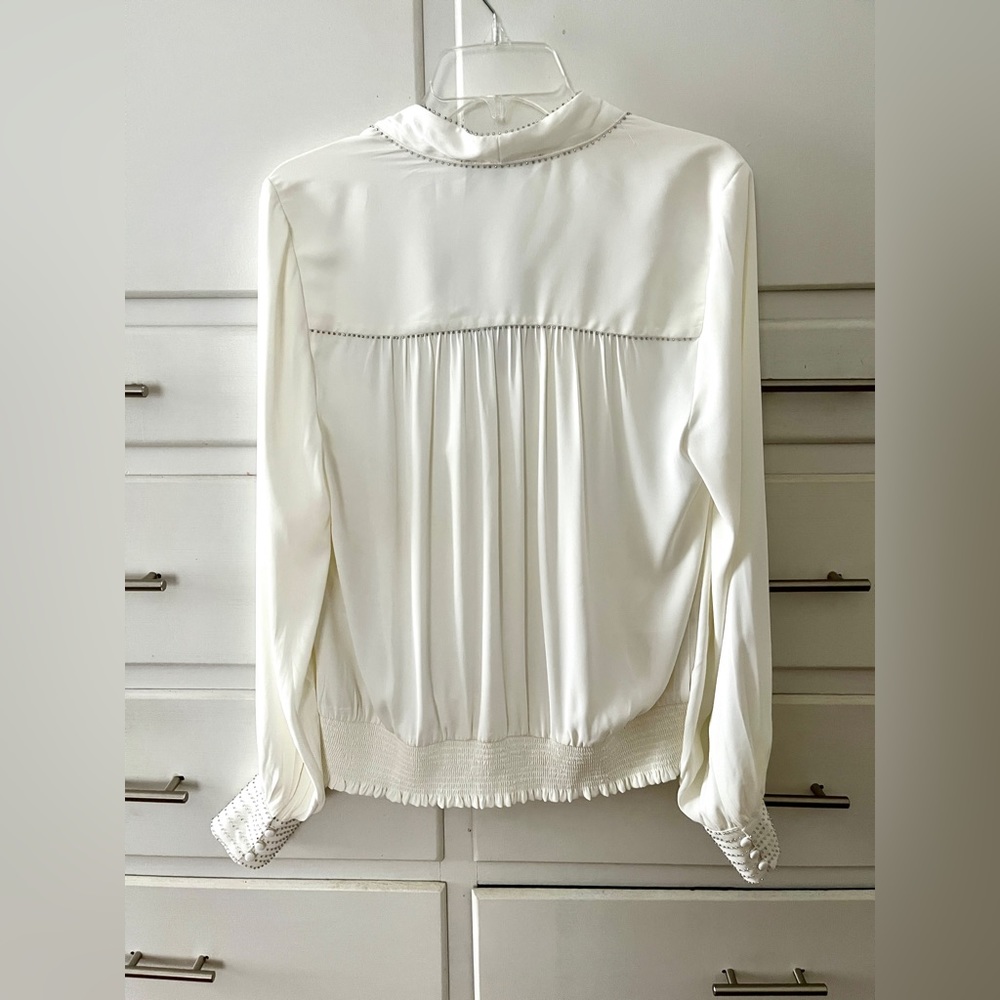 White House Black Market tie neck embellished trim blouse in ecru size medium 🆕 - Picture 7 of 14